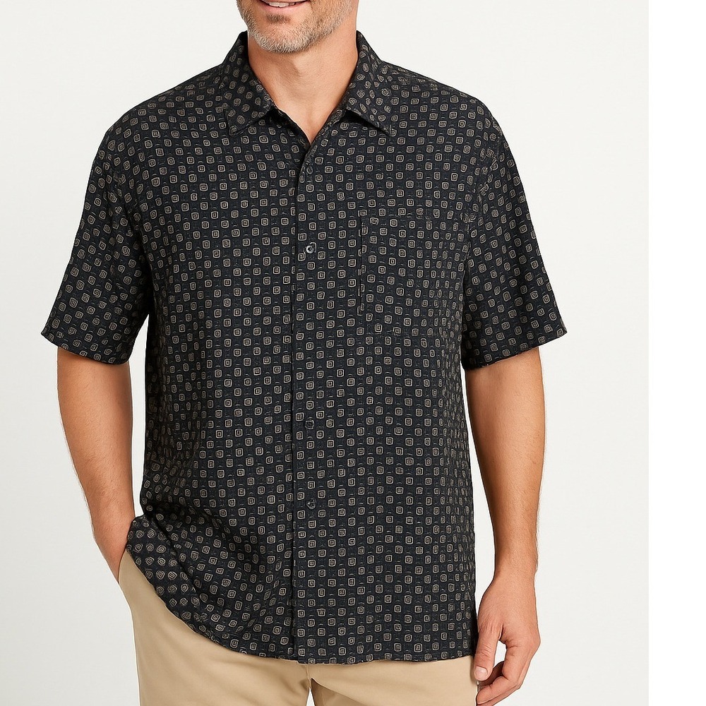 Geoffrey Beene Rayon Shirt L Black Geometric Print Short Sleeve Relaxed Fit